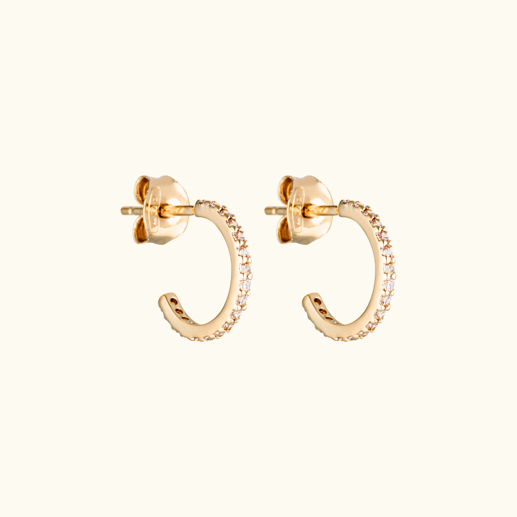 small gold stud hoop earrings with multiple small cubic zirconia stones